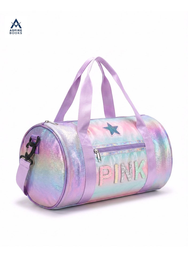 Aspire Books Kids Holographic Duffle Bag with Coin Pouch – Iridescent Travel Weekender & Dance Bag for Girls – Glitter "PINK" Lettering, Star Patch, and Adjustable Strap – Perfect for Shopping, Outings, and Sleepovers (Purple/Rainbow) - Image 3